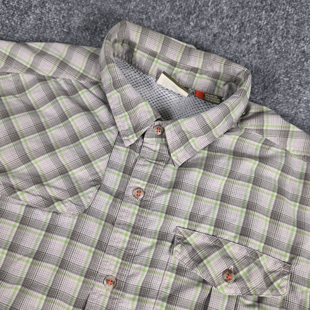 Howler Bros Tech Button Down Shirt Mens L Green Grey Plaid Short Sleeve FLAWS
